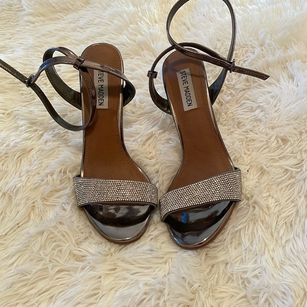 Steven Madden glitter, rhinestone strap, ankle, sandal heels